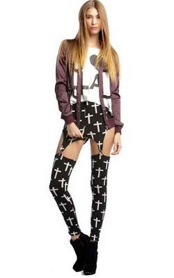 Fashion Goth Rock Garter Buckle Black Cross Print Stretchy Tights Pants